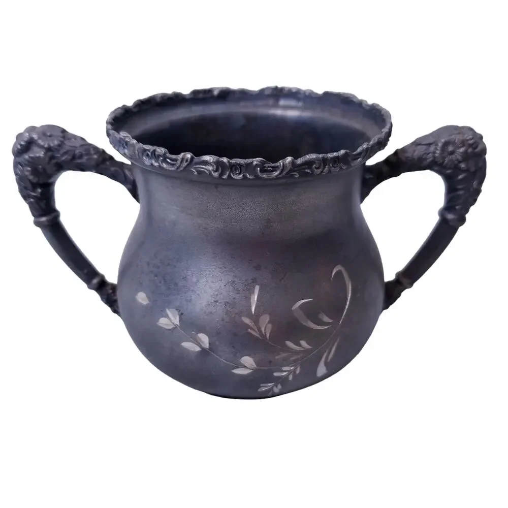 Antique Silverplate Etched Spooner Sugar Creamer 4pc Set Engraved Vintage Decor